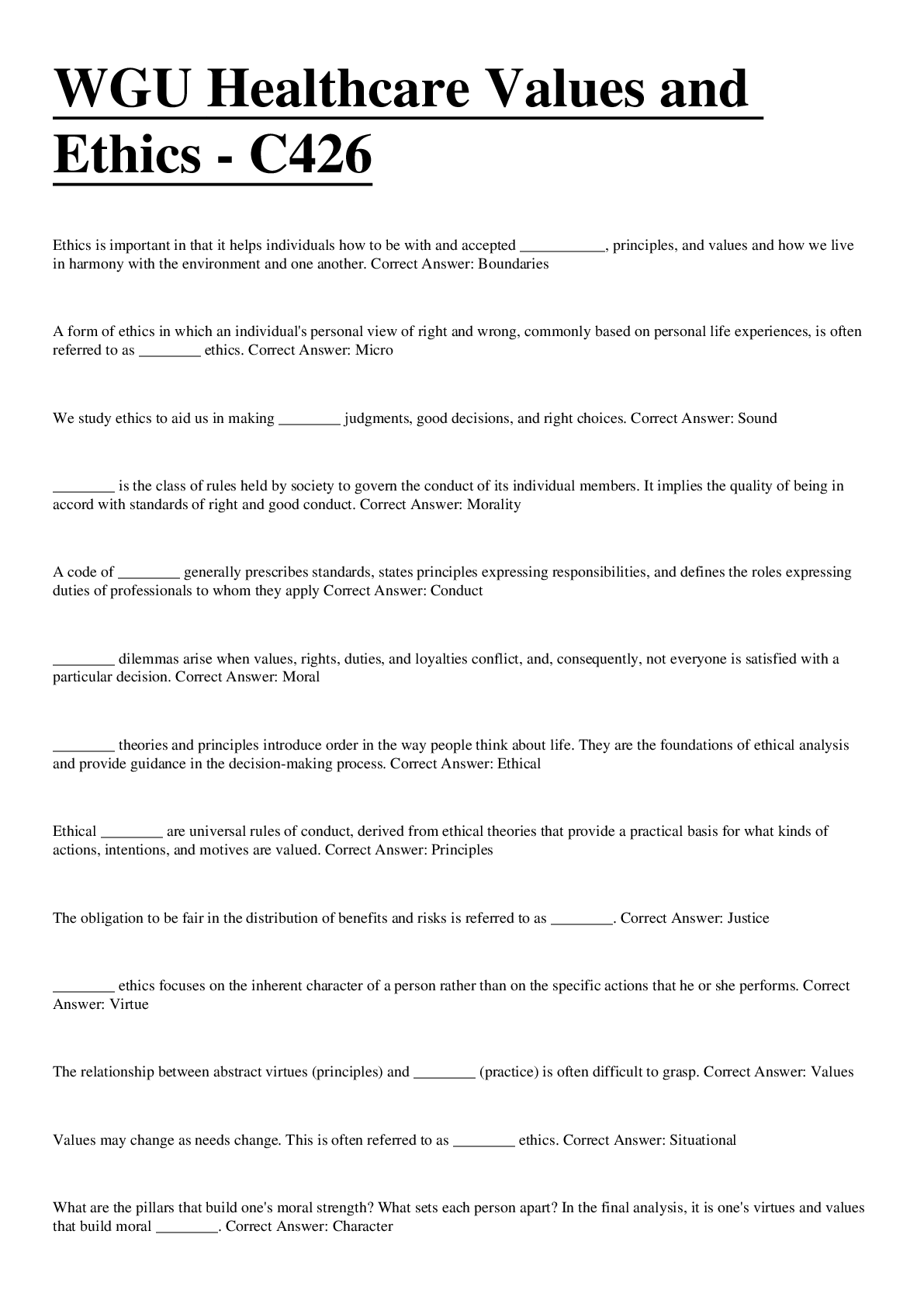 Preview image for WGU Healthcare Values and Ethics and Correct answers.